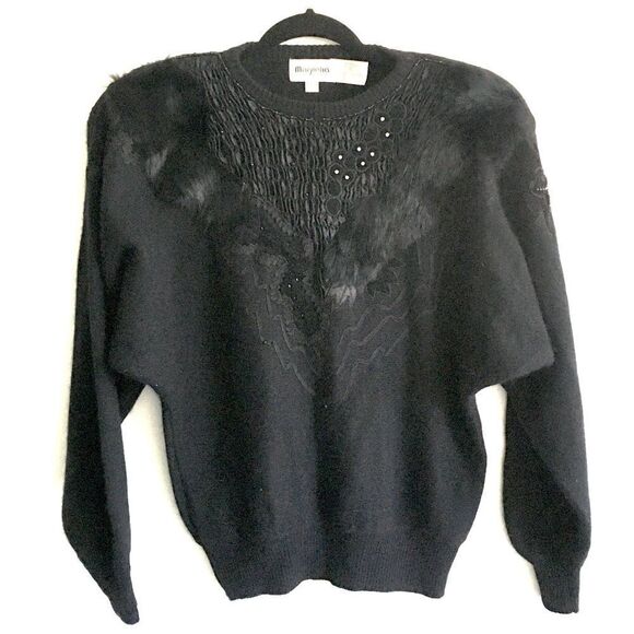 Vintage Sweaters - Magnolia Vintage Embellished Crew Neck Long Sleeve Wool Angora Sweater Black  M